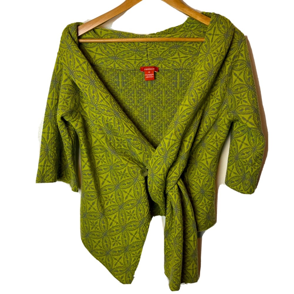 Sundance Merino Wool Green Cardigan Sweater Knot Front Size Medium Cute